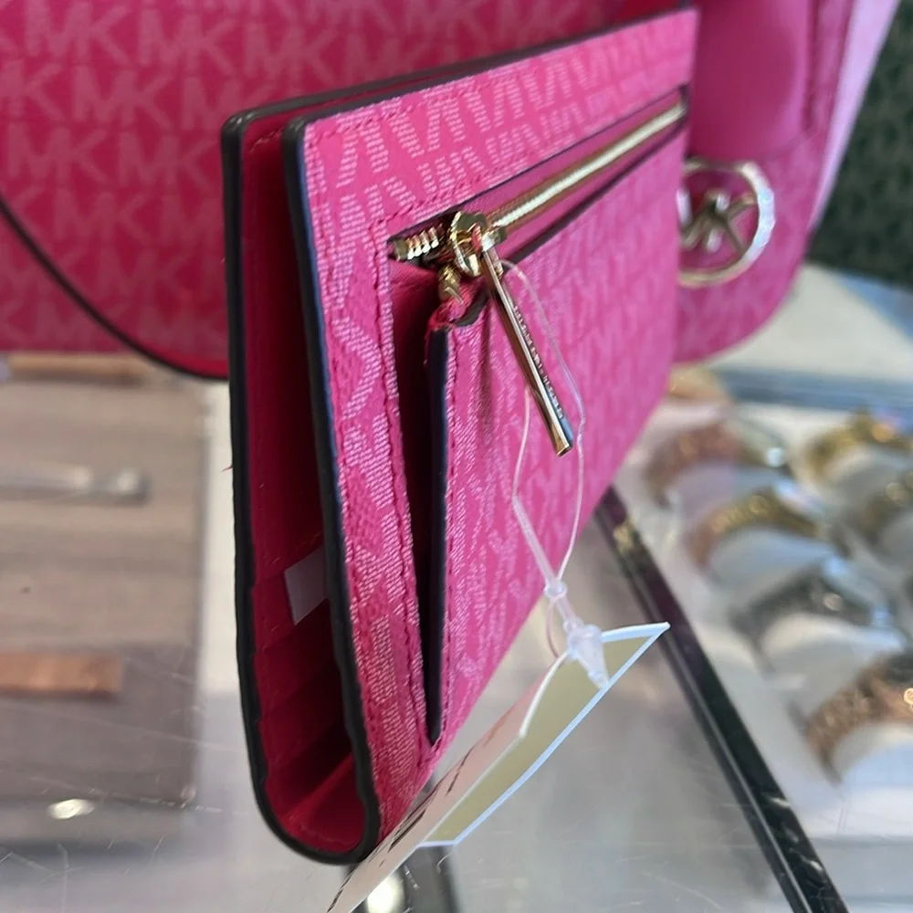 MICHAEL KORS Reed Large Snap Signature Wallet Electric Pink NWT